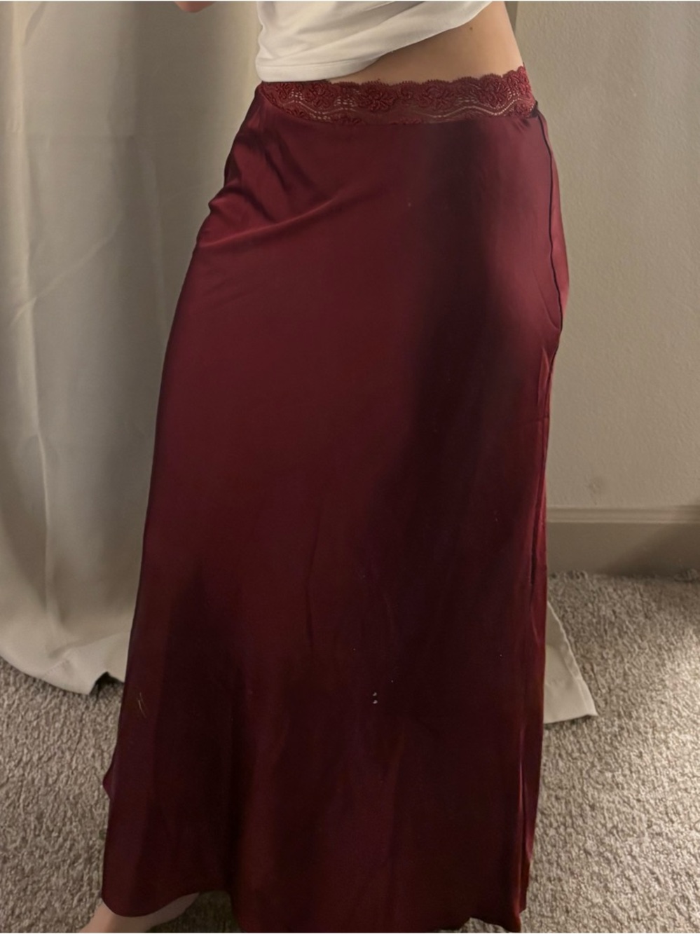 Princess Polly Burgundy Satin Maxi Slip Skirt with Lace Waist